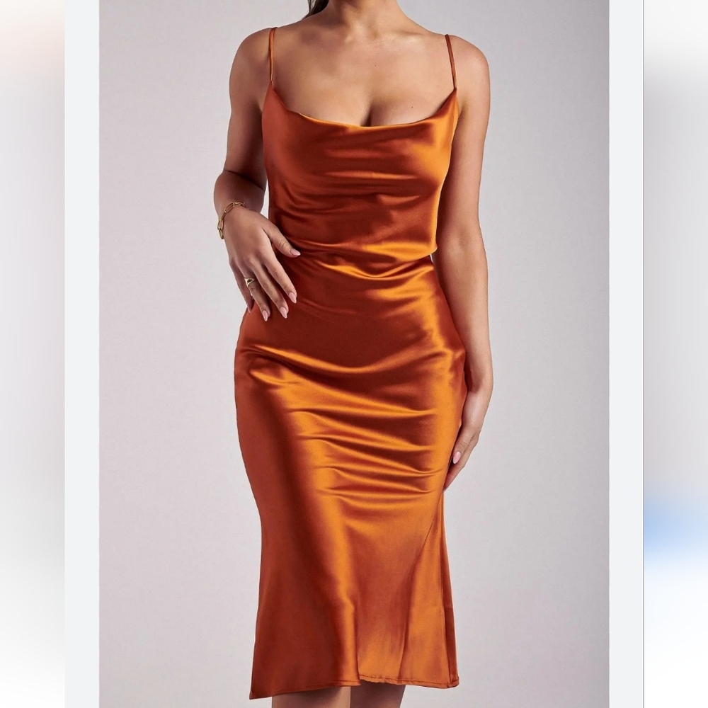 Women's Sleeveless Spaghetti Strap Satin Dress Cocktail Beach Evening Copper